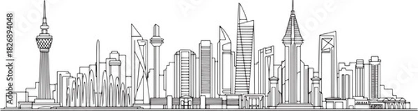 Fototapeta Saudi Arabia/Middle East riyadh  city skyline line art isolated on a white background. Architecture.
