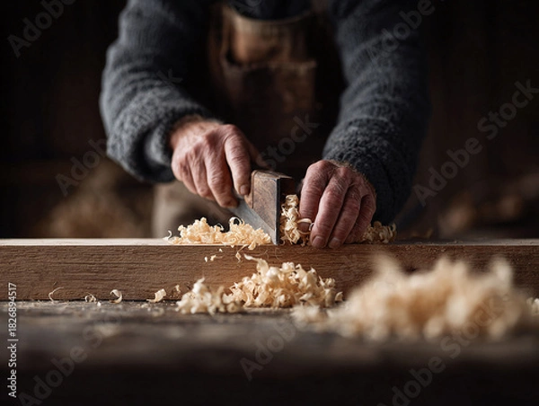 Fototapeta Closeup of weathered hands planing wood. Craftsmanship, skill, and dedication. Ideal for themes of woodworking, traditional trades, handmade, or artisanal work.