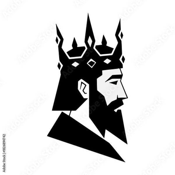 Fototapeta King Head Silhouette Icon with Crown and Beard - Minimalist Emblem for Royalty or Leadership