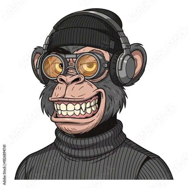 Fototapeta Cartoon Monkey with Beanie Hat and Headphones Illustration in Detailed Vector Style