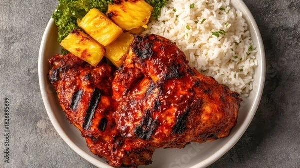 Fototapeta Delicious grilled jerk chicken with rice and pineapple on plate