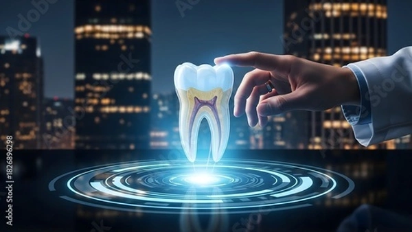 Fototapeta Dentist's hand interacting with a futuristic holographic tooth