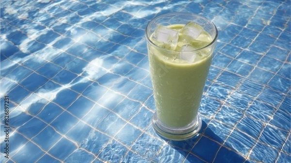Fototapeta Green smoothie in glass, ice cubes, poolside
