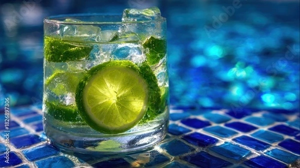 Fototapeta Refreshing lime drink with ice in a glass, against a vibrant blue mosaic pool background