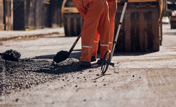 Obraz Construction worker working on a new asphalt layer on a public street.