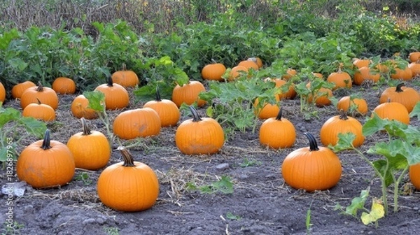 Fototapeta Orange pumpkins in a field during the autumn harvest