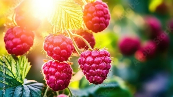 Obraz Ripe red raspberries with sunlight filtering through the leaves