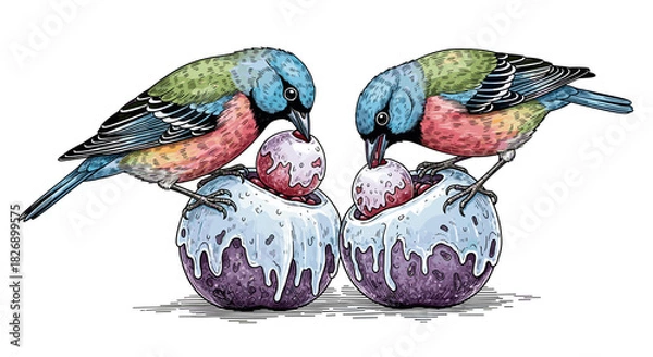 Fototapeta Colorful birds interacting while pecking on ice cream spheres  