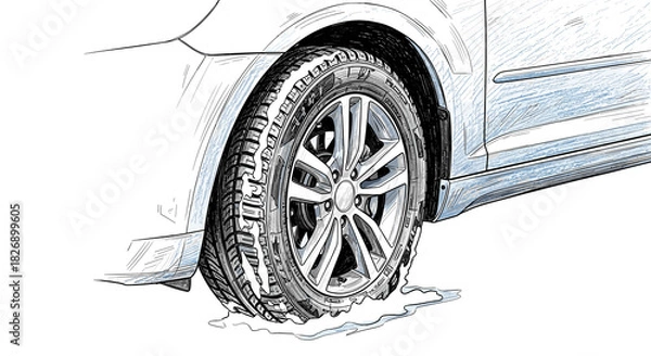 Fototapeta Car tire with a flat showing water puddle and detailed sketch outline  