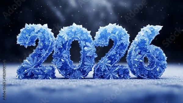 Fototapeta Frosty blue 2026 numbers stand on an icy surface with snow falling