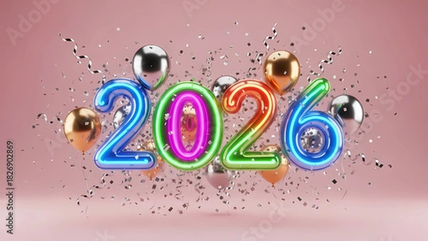 Fototapeta Celebrate 2026 with vibrant, colorful balloons and confetti! Perfect for party decor, event invitations, and cheerful designs, embrace the upcoming year with festive charm.