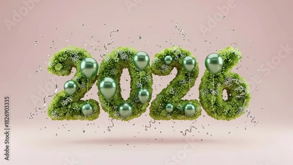Fototapeta Lush floral number design for 2026 with balloons and confetti. Perfect for New Year's, anniversaries, and celebratory events. Evokes joy and elegance for festive occasions.