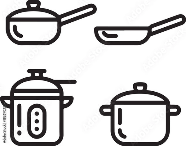 Fototapeta Set of kitchen utensils with cooking pots and pans isolated on white background