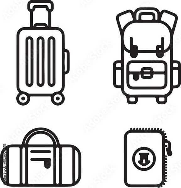 Fototapeta Set of transport and car icons with travel and luggage symbols in vector style