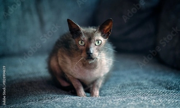 Fototapeta Cute Lykoi cat chilling on a gray sofa and looking curious at camera. Panoramic image with copy space.	
