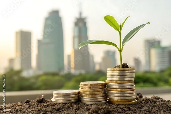 Fototapeta Growing Wealth From Ground Up: Plant On Coin Stack Symbolizing Financial Growth In Urban Setting

