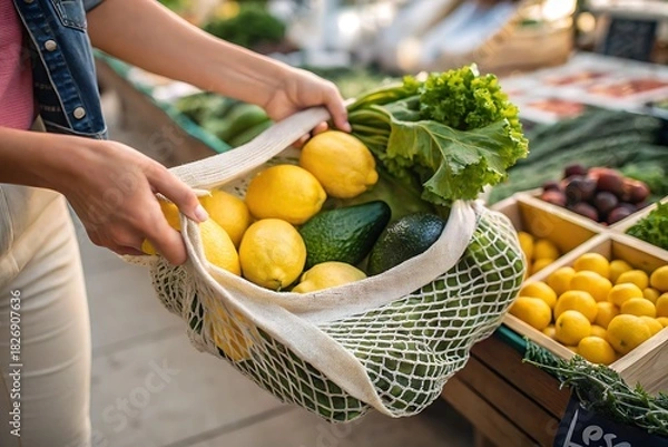 Fototapeta Shoppers Carry Fresh Produce In A Reusable Mesh Bag At Outdoor Market

