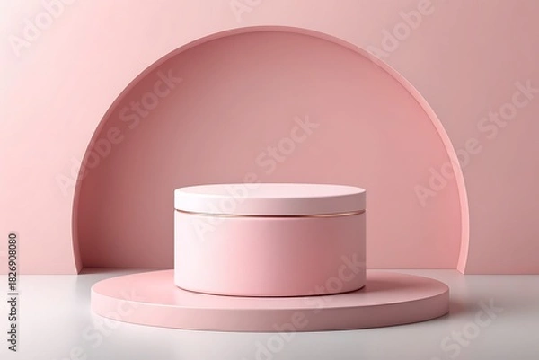 Fototapeta Elegant Pink Circular Display Stand With Lidded Box On Soft Pink Studio Platform

