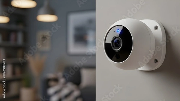 Fototapeta White home security camera mounted on wall in modern smart home