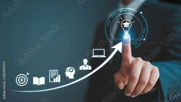 Fototapeta Business hand touching glowing lightbulb, education idea concept.