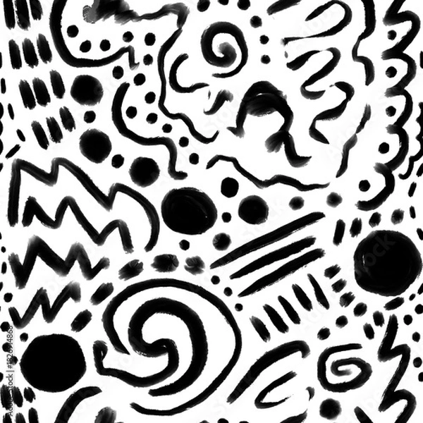 Fototapeta Abstract Hand Drawing Watercolor Brush Strokes Boho Ethnic Geometric Shapes Seamless Pattern Isolated Background