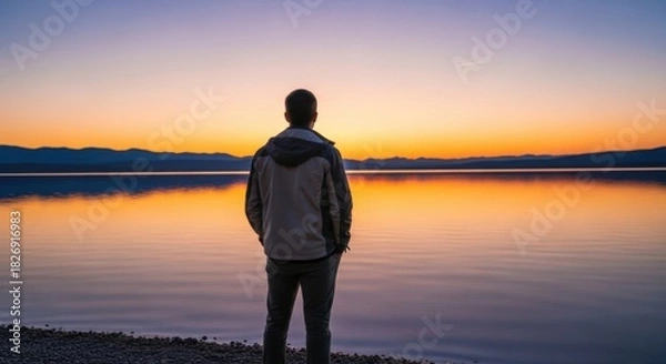 Obraz Solo figure observing a vibrant reflective sunset