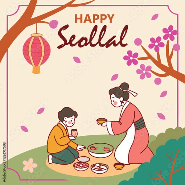 Fototapeta Happy Seollal Korea new year modern style. flat vector illustration.