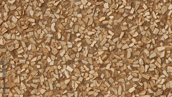 Obraz Small wood chips spread out on the ground, creating a textured surface.