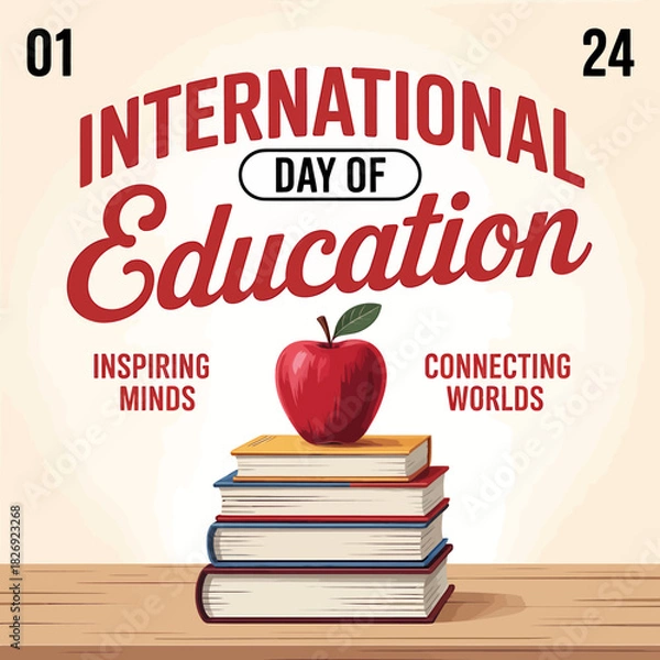 Obraz International day of education graphic for january 24th, featuring a stack of books and a red apple, symbolizing knowledge, learning, and global connection