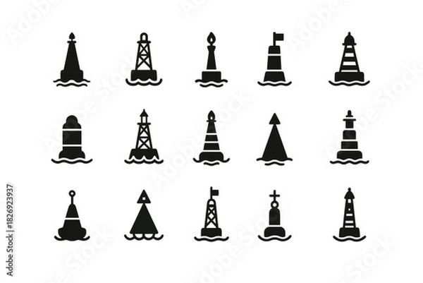 Fototapeta Set of various nautical buoy silhouettes in different shapes and designs