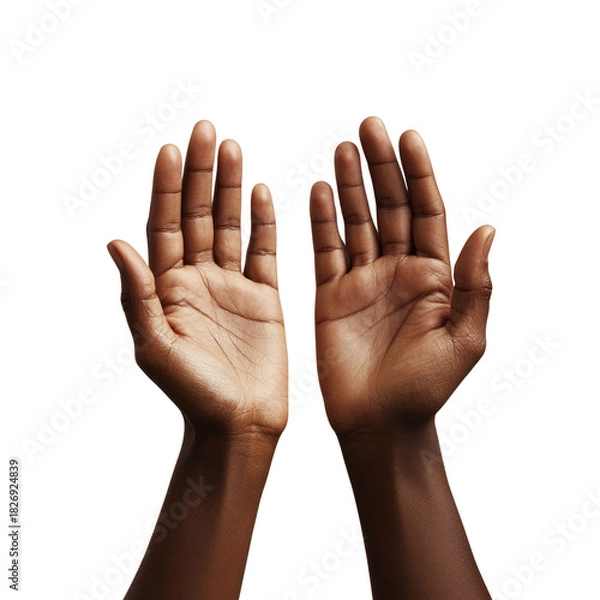 Fototapeta Two hands with open palms raised in greeting on white background  