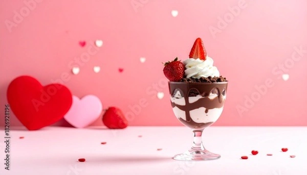 Fototapeta ハート飾りと苺の層状デザート｜バレンタイン・春・背景・広告に使える高解像度イメージ
