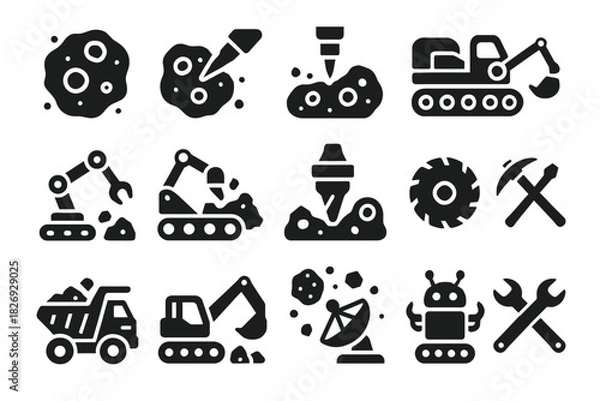 Fototapeta Space exploration icons: robots, rovers, drills, satellites, and tools