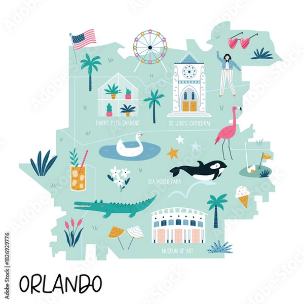 Obraz Illustrated map of Orlando Florida with attractions and landmarks