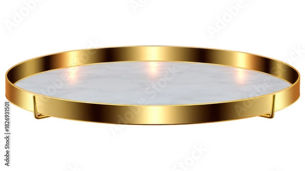 Fototapeta Gold round tray with marble pattern surface, elegant decorative serving platter for home, kitchen, or dining room, modern luxury style, reflective and sophisticated design