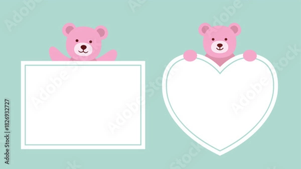 Obraz Valentines day pink bear holding heart and square shape blank sign flat vector illustration.
For celebrating Valentine's Day, wedding or birthday.