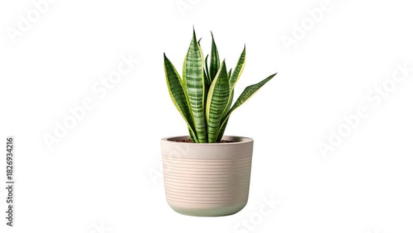 Fototapeta Sansevieria in a Ceramic Pot: A thriving Sansevieria plant, also known as snake plant, elegantly stands in a neutral ceramic pot, creating a refreshing atmosphere.