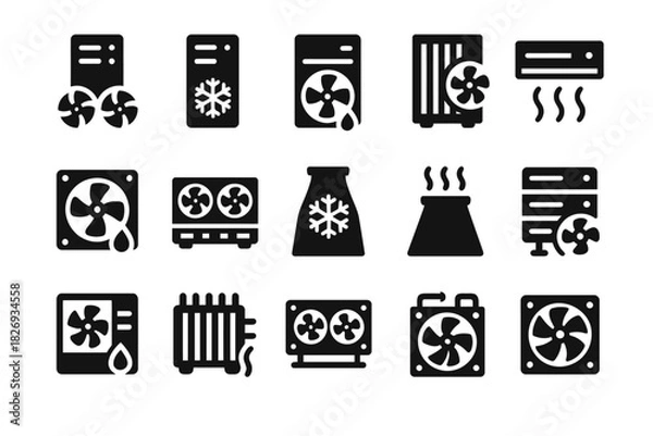 Fototapeta Set of black cooling and heating system icons featuring fans and radiators