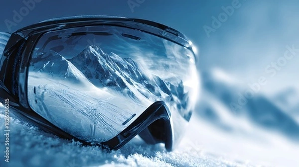 Fototapeta Protective eyewear rests on fresh snow reflecting a dramatic alpine landscape
