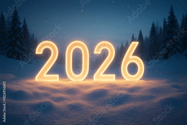 Obraz New Year's card 2026. Glowing Numbers 2026 in the snow, on a dark background.