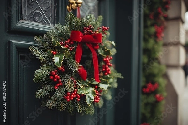 Fototapeta A close-up of a classic Christmas wreath hanging on a front door, made of pine, holly, and red berries, with a velvet bow 