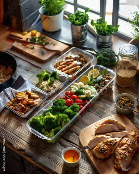 Fototapeta overhead shot of healthy meal prep containers with grilled chicken, broccoli, and vegetables on a wooden table