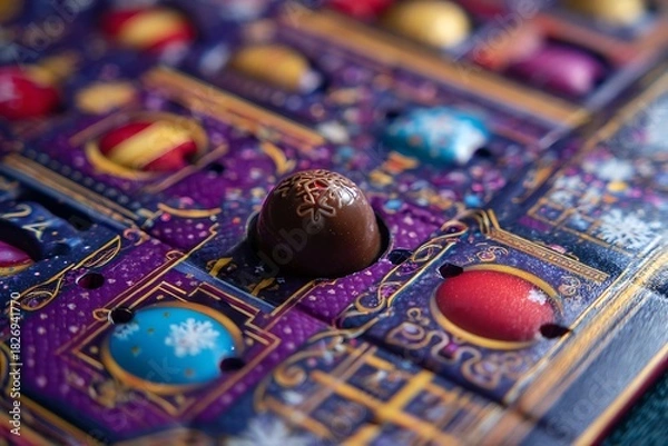 Fototapeta A close-up of an advent calendar on Christmas Eve, with all the doors open and one final chocolate remaining 