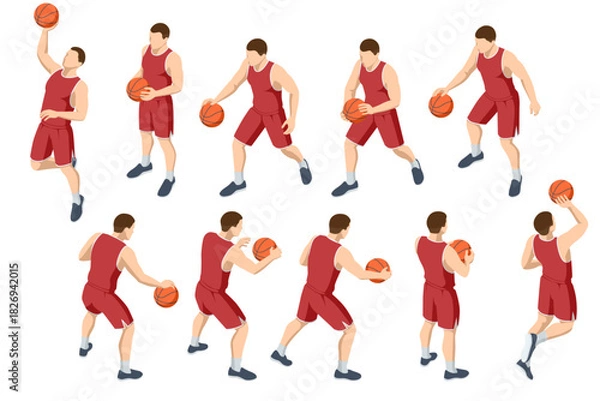 Obraz Isometric illustration set of a basketball player in a red uniform shown in multiple action poses dribbling, shooting, passing and holding the ball. Dynamic sports character design collection.