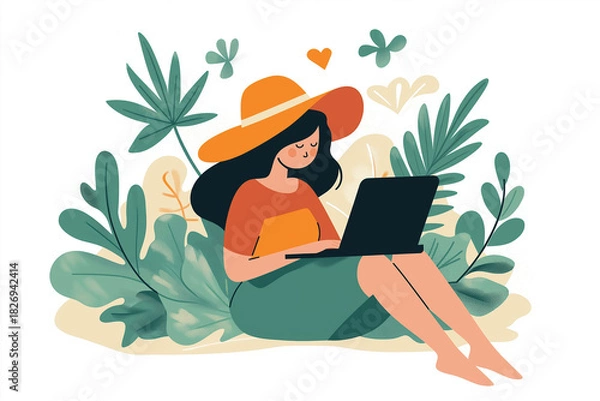 Fototapeta Woman working on laptop in tropical foliage. Casual setting with plants and relaxed atmosphere