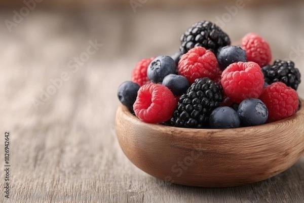 Obraz Fresh colorful berries, blueberries, raspberries, blackberries in rustic wooden bowl