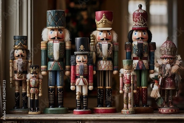 Fototapeta A collection of nutcrackers of different sizes standing guard on a mantelpiece or side table, dressed in festive uniforms 