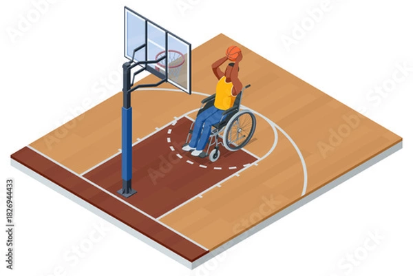 Obraz Isometric illustration of a wheelchair basketball player in a yellow uniform preparing to shoot the ball toward the hoop on an indoor court. Inclusive adaptive sports concept.