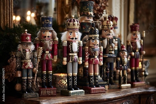 Fototapeta A collection of nutcrackers of different sizes standing guard on a mantelpiece or side table, dressed in festive uniforms 
