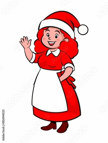 Obraz Smiling Mrs. Claus or Christmas helper character in a festive red dress and apron, waving hello. Cute cartoon illustration for winter holidays, Christmas greetings, and seasonal event promotion.